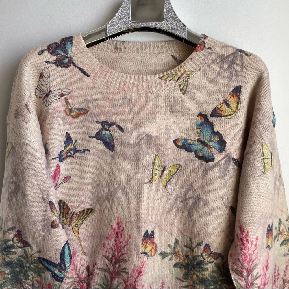Sweater Pullover Boho/Art to wear Butterfly and Flowers size L - Picture 2 of 7